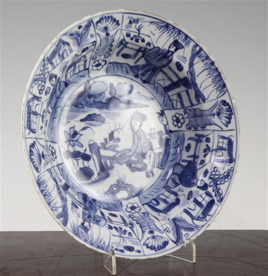 A Chinese Kraak blue and white shallow bowl, Wanli period, 21.5cm, cracks